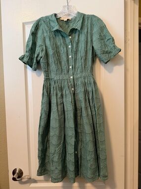 Anthropologie Green Textured Button-Front Midi Dress